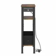 Advwin LED Side Table w/ Charging Station Narrow Bedside Table w/ Open Drawer & Open Shelf Walnut