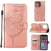 For iPhone 14 Pro Case, Embossed Floral Butterfly, PU Leather Wallet Cover, Lanyard, Stand, Rose Gold