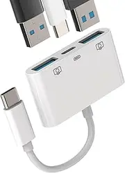 iPhone 15 Pro Max Plus USB-C to USB A Adapter (3in1) Type-c Charging Converter OTG Dongle Compatible for Samsung Apple iPad Air Mini MacBook Keyboard Mouse U Disk Card Reader Charge Cable 2USB+tp