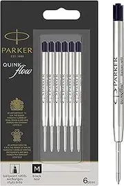 QUINKflow Ballpoint Pen Refills, Medium Point, Black Ink, 6 Count Value Pack - Compatible with Parker Jotter Pens