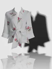 $125 Neiman Marcus Women Off-White Floral Linen Tie Front Wrap Blouse Top Sz XS