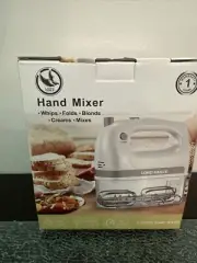 Lord Eagle 5 Speed Hand Mixer, White w/ Beaters, Dough Hooks, Whisk, Storage
