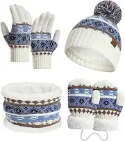 [LAUSONS] Kids Hat Gloves Scarf Set 4 in 1, Girls Boys Warm Beanie Knitted Hat Bobble Hat Mittens and Tube Scarf with Fleece Lining for 3-8 Years