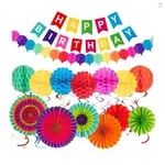 28 件裝生日快樂橫幅套裝彩色派對裝飾用品派對禮物橫幅懸掛紙扇漩渦蜂窩球紙絨球生日婚禮淋浴叢林