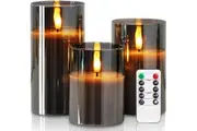 Clear Glass Flameless Candles with Timer, Remote Control, LED Pillar, Battery Operated - Set of 3 (Grey)