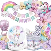 yosiio Unicorn Party Tableware Set, Butterfly Theme Party Supplies, Unicorn Birthday Decoration Set, Paper Plates with Butterfly Balloons for Kids' Birthday Baby Shower 16 Guests