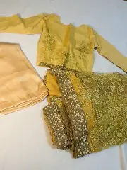 Indian Pakistani Brand New Gold Net Pearls Rhinestone Sari Saree Readymade Stich