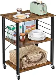 VASAGLE Kitchen Shelf on Wheels, Serving Cart with 3 Shelves, Kitchen Cart, Microwave Shelf, for Mini Oven, Toaster, with 6 Hooks, Industrial Style, Rustic Brown and Black KKS60XV1
