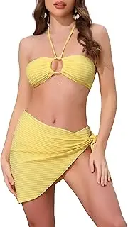 [Elerevyo] Women's Rope Circle Halter Ribbed Bikini Sets, 3 Piece Triangle Bottoms Side Tie Cover Up Swimwear Bathing Suits Light Yellow X-Small