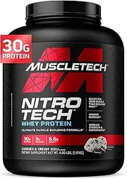 MuscleTech Whey Protein Powder, Nitro-Tech Whey Protein Isolate + Peptides, Lean Protein Powder with Creatine, Sports Nutrition Protein Powder for Men & Women, Cookies and Cream, 1.81kg (40 Servings)