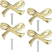 4Pcs Gold Bow Knobs for Dresser, Bow Drawer Knobs, Solid Brass Bow Shape Bow Cabinet Knob, Compact Bow Drawer Pulls Decorative, Elegant Bow Dresser Knobs Handle, Beautiful Bow Furniture Knobs for Home