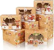 12 Pack Christmas Cookie Boxes with Clear Window Christmas Bakery Treat Boxes Large Kraft Paper Gift Box with Xmas Gift Tags and Ribbons for Xmas Gift Candies, Cookies, Cakes, Pastry (Brown - 12Pcs)