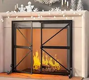 [Fire Beauty] Fireplace Screen with Doors, 2-Pannel Handcrafted Solid Wrought Iron Decorative Mesh,Baby Safe Proof Firewood Burning Stove Accessories(Black)