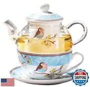 Jusalpha Glass Teapot with a Fine China Infuser Strainer, Cup and Saucer Set,