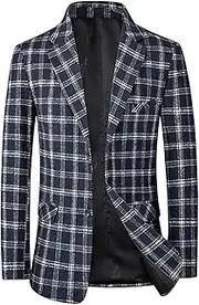 [Generic] Mens Plaid Blazer Sports Coat Casual Lightweight Two Button Suit Jacket Slim Fit Checkered Blazers for Men Wedding, Navy-n, Medium