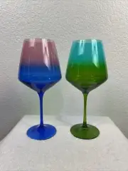 2 RCR Oversized Italian Wine Glasses 26 oz Clear Ombre Blue/Pink & Blue/Green
