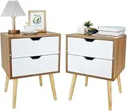 Nightstands Set of 2, Modern Wooden 2-Tier Night Stand with Drawers, Tan Bedside Tables with Solid Wood Legs and Large Storage Space, Small Dresser End Table for Bedroom Living Room Closet (2 Drawers)