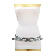 Women White Elastic Band Fashion Belt Paisley Print Double Western Buckles S M