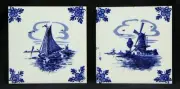 [PAIR] Vintage Delft 3 x 3” Art Tile Blue White Windmill & Boat Hand Painted