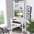 Giantex Corner Computer Desk Triangle Study Desk w/ Hutch & Keyboard Tray White