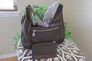 baggallini brown jessica hobo nylon/leather shoulder handbag-wallet organizer-nw