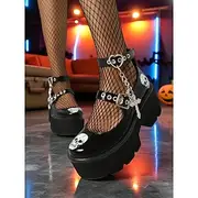 Women's Gothic Skull Platform Mary Jane Shoes - Punk Rock Patent Leather Chunky Heels with Chains for Halloween Costume, Concerts, and Cosplay
