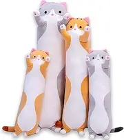 Cute Cat Plush Long Body Pillow Cuddle Cartoon Stuffed Animals Cat Plushie Soft Doll Pillows Gifts for Kids Girls(Gray, 27")