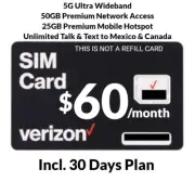 Verizon Prepaid $60/Mo. Unlimited SIM Card 5G Data Plan 25GB Hotspot For 30 Days