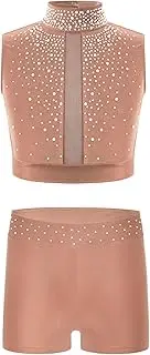 [Fldy] Girls Ballet Dance Gymnastics Outfit Kids Sleeveless Crop Top with Shiny Booty Shorts Activewear