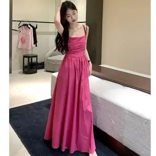 韓版性感辣妹吊帶長裙女裝緊身收腰一字領中長款玫紅色無袖洋裝