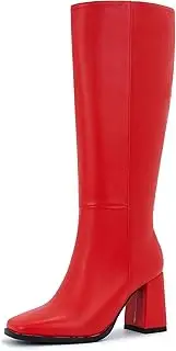 [Aizhenzm] Knee-High Boots for Women - Wide Calf Boots with Zipper, Square Toe Tall Leather Boots, Chunky Heel Fashion Long Boots