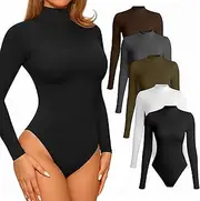 [TRENLIVER] 5 Pack Long Sleeve Mock Neck Bodysuits for Women Sexy Turtle Neck Body Suit Basic Tshirt Bodysuit Tops