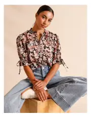 [Piper] Ramie Drawstring Sleeve Button Blouse in Assorted