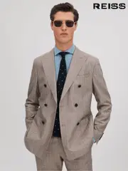 Reiss Mocha Epsom Slim Fit Wool-Silk-Linen Double Breasted Blazer (N05345) | $1,020