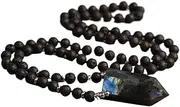 [HXSCOO] Natural Flash Labradorite Stone Point Beads Pendant 8mm Black Lava Round Beads Knotted Mala Necklace For Women Handmade Jewelry