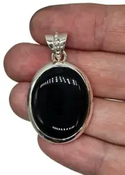 Big Oval Shaped Black Onyx Pendant, Leo Zodiac Stone, Sterling Silver, Protect