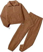 ADIFUN Girls Clothes Winter Fleece Quarter-Zip Sweatshirt With Pockets +Pants Two Piece Outfit Size 7-14 Years Old