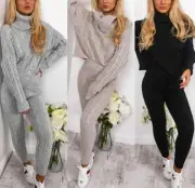 Women's Chunky Cable Knitted High Roll Neck Top Bottoms Loungewear Tracksuit Set