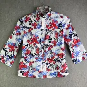 Chico's Womens Small Jacket Snap 3/4 Sleeve Floral Red White Blue New WS27