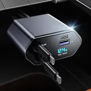 Retractable Car Charger, 4 in 1 Fast Car Phone Charger, Double Type C Retractable Cables and 2 USB Ports Car Charger Adapter Compatible with iPhone 15/14/13/12/11 Pro max, Galaxy, Google Pixel