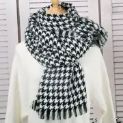 Women Houndstooth Scarf Soft Shawl Wrap Faux Wool Black White Check Plaid Tassel
