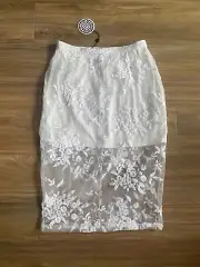 BNWT MISHA COLLECTION MINI MIDI SKIRT SIZE 8 10 ORGANZA PENCIL WHITE PARTY LACE