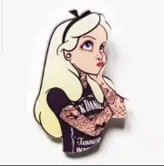 Alice in Wonderland punk tattooed gothic biker acrylic pin wearing whiskey shirt