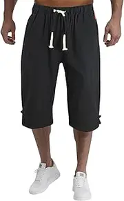 Men's Cotton Linen Capri Pants Summer Straight Leg Casual Pants Drawstring Elastic Waist Lightweight Beach Trousers