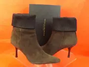 NIB DONNA KARAN BROWN SUEDE POINTED TOE BACK ZIP ELASTIC CUFF ANKLE BOOTS 38.5