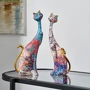Octdays 2 Pcs Colorful Cat Statue Oil Painting Cat Couple Sculptures Set Modern Resin Figurines for Home Decor Living Room Bathroom Bookshelf Accents, Office Desk TV Stand Decorations