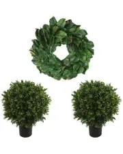 Creative Displays Christmas Holiday Set With 24in Classic Magnolia Wreath & 2 UV-Rated Boxwood Drop-Ins