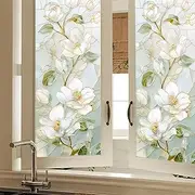 HOMETITUTE Stained Glass Window Film 17.7x39.3 inch Light Green Floral Window Privacy Film Stained Decals Static Cling Sun Blocking Decor for Home Office Windows Door Glass Partitions