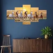 Saumic Craft Set Of 5 Seven Running Horses Vastu Framed Wall Painting Scenery For Home Decoration , Living Room , Office.(75 x 43 CM ,Multicolour)