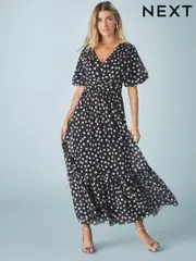 Black White Polka Dot Print Mesh Pleated Puff Sleeve Waist Detail Occasion Midi Dress (AJ2358) | $74